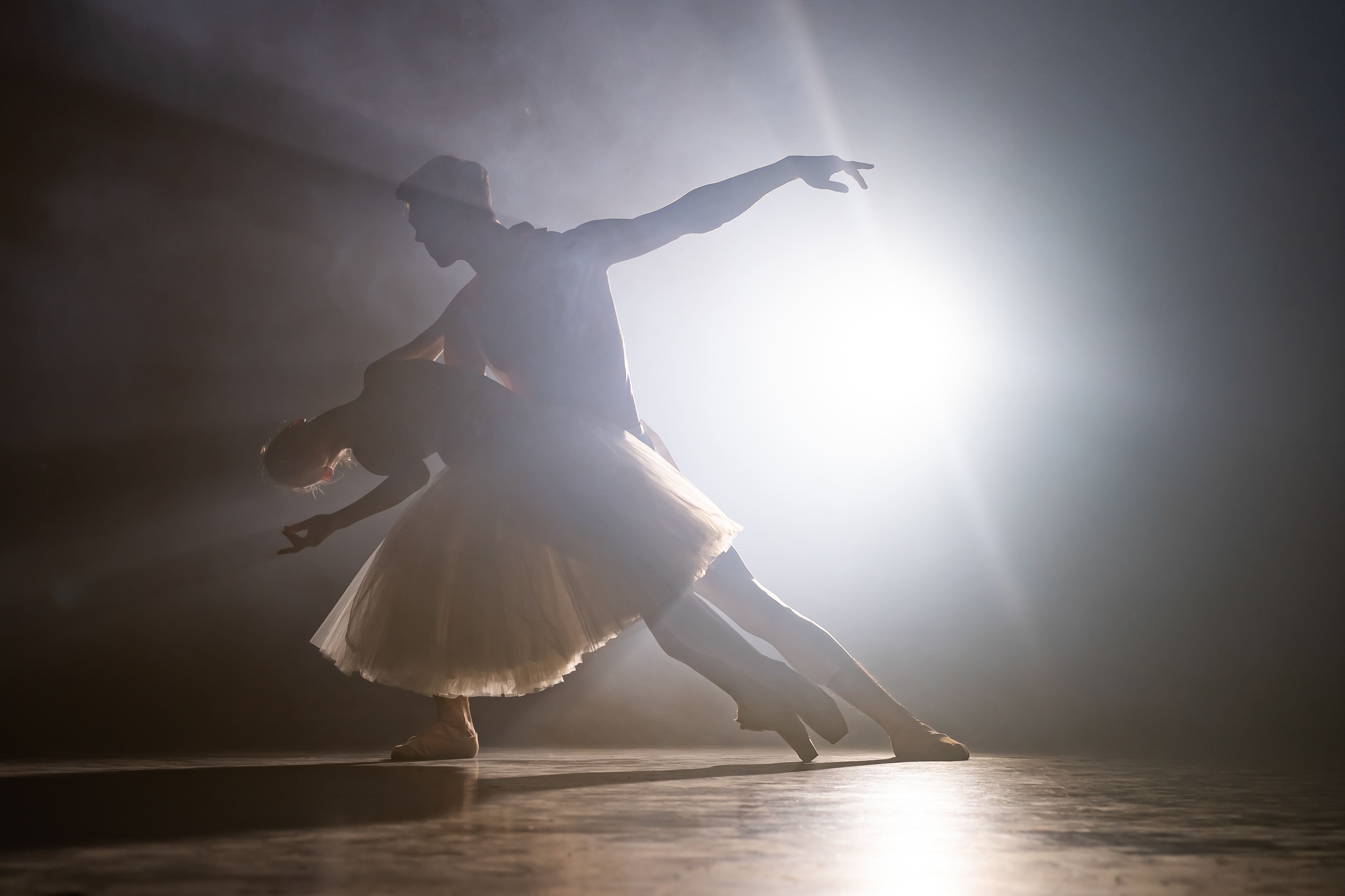 Ballet dancers in dramatic lighting